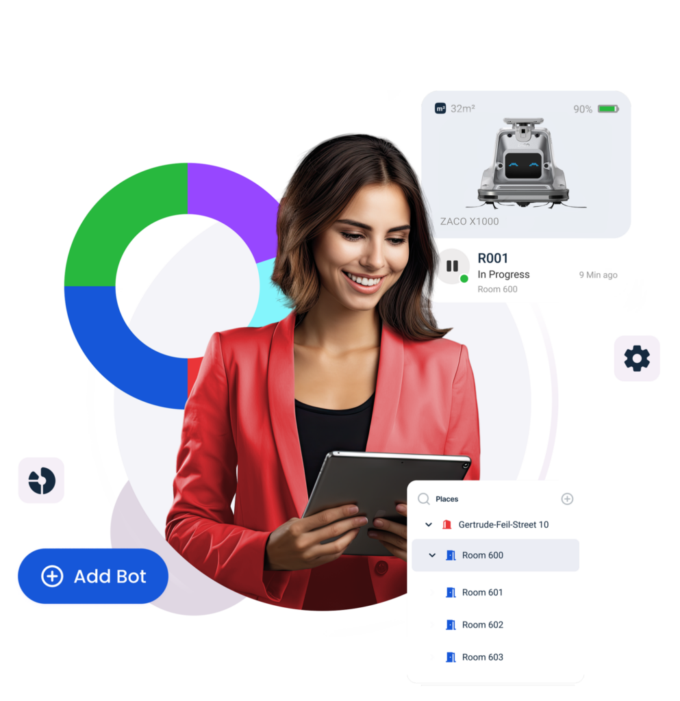 woman holding ipad and icons for fleet management around it
