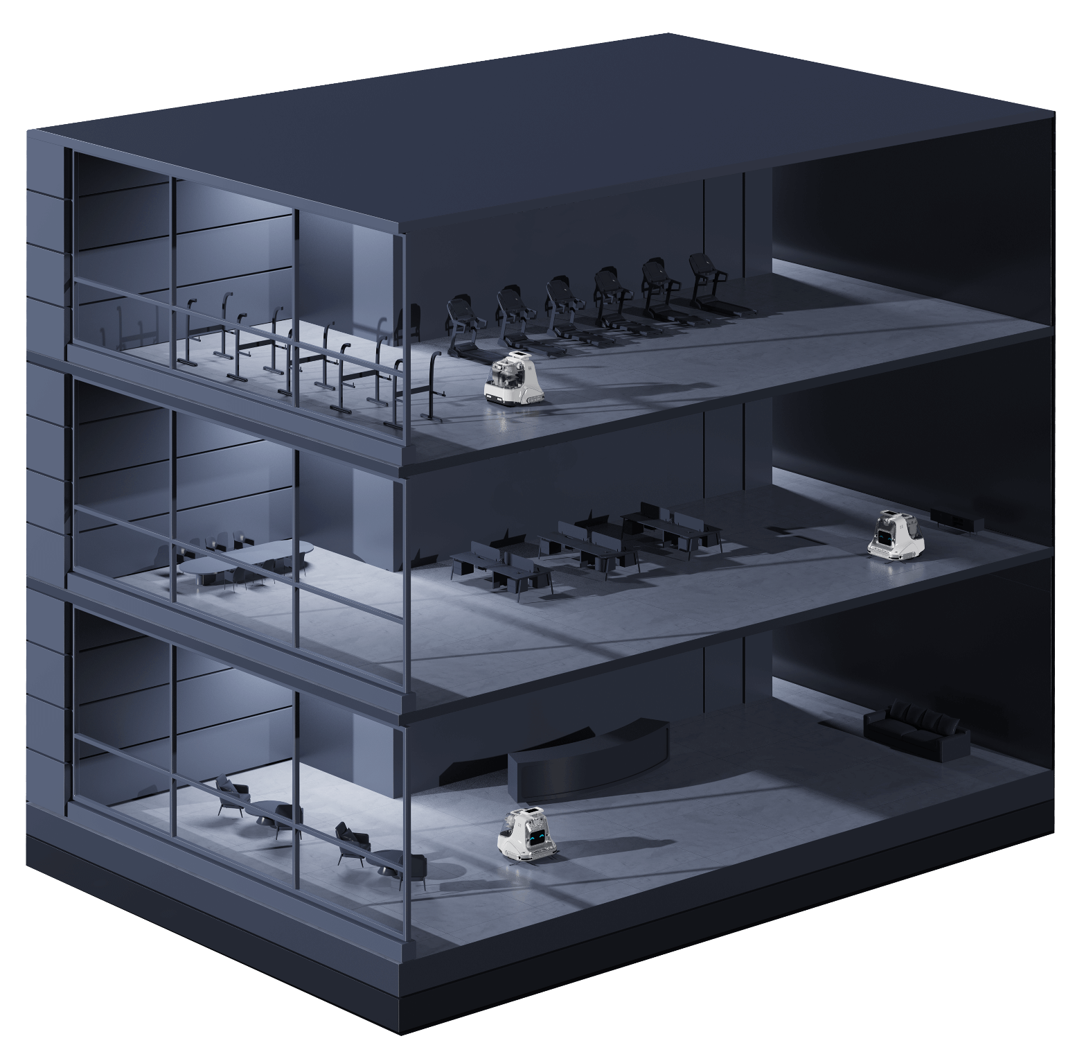 inside view of 3 story building with robot on each floor
