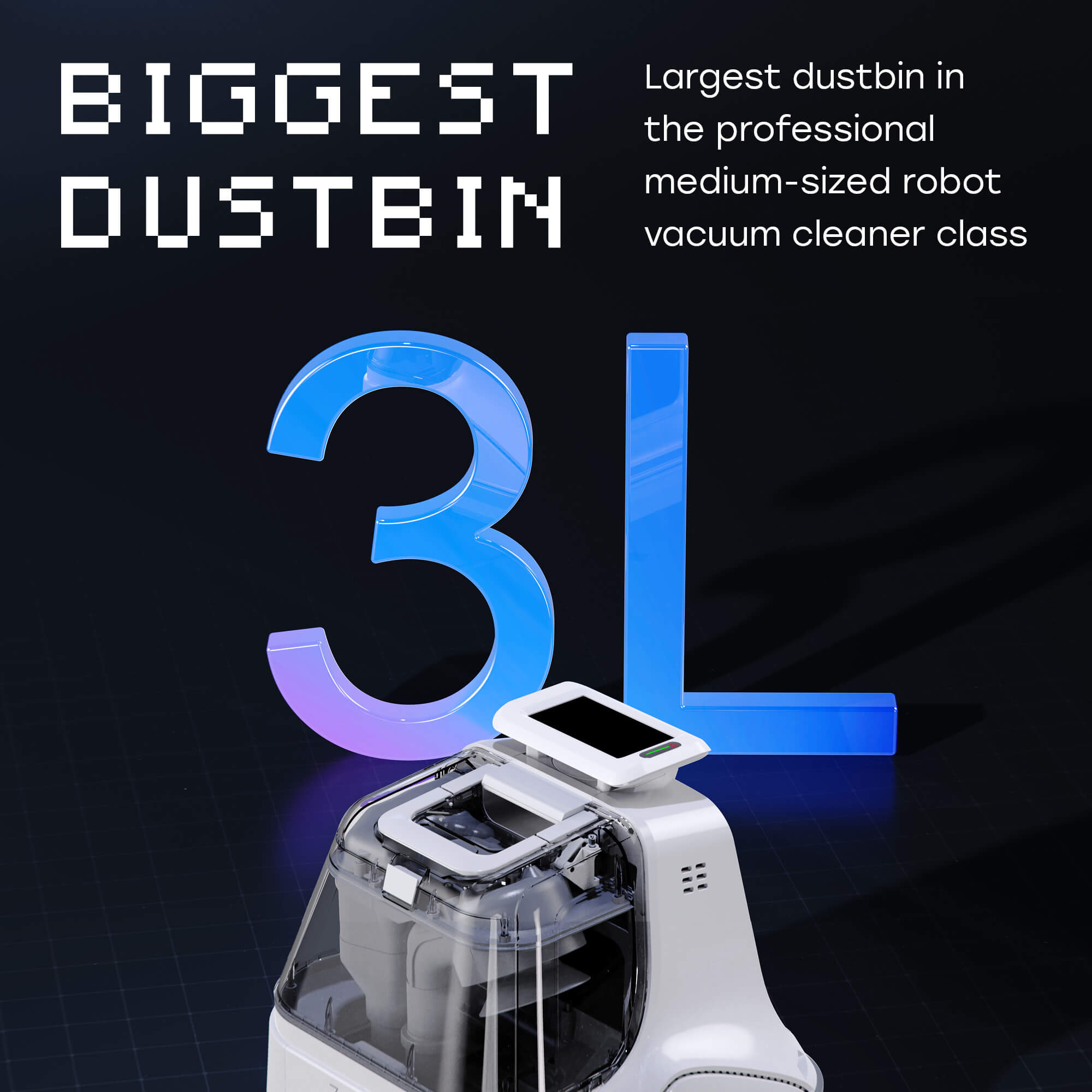 X1000 robot and 3L and "largest dustbin in the professional medium-sized robot vacuum cleaner class" Text