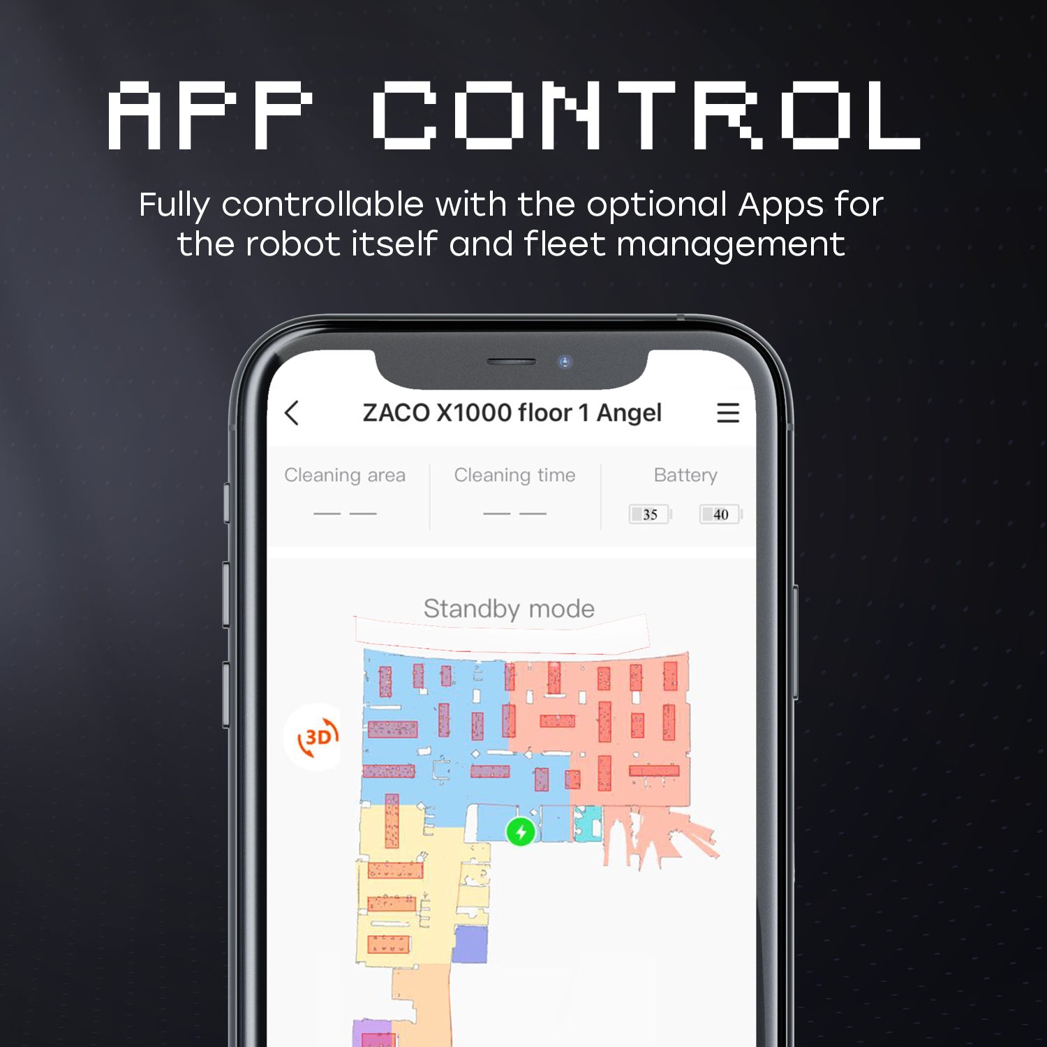 phone screen with map. "App control: fully controllable with the opptional apps for the robot itself and fleet management" text