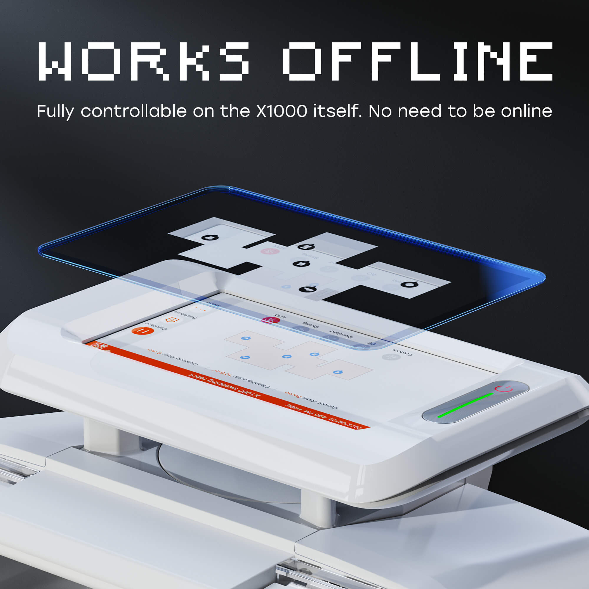 X1000 robot display with "works offline" Fully controllable on the X1000 itself. No need to be online" text