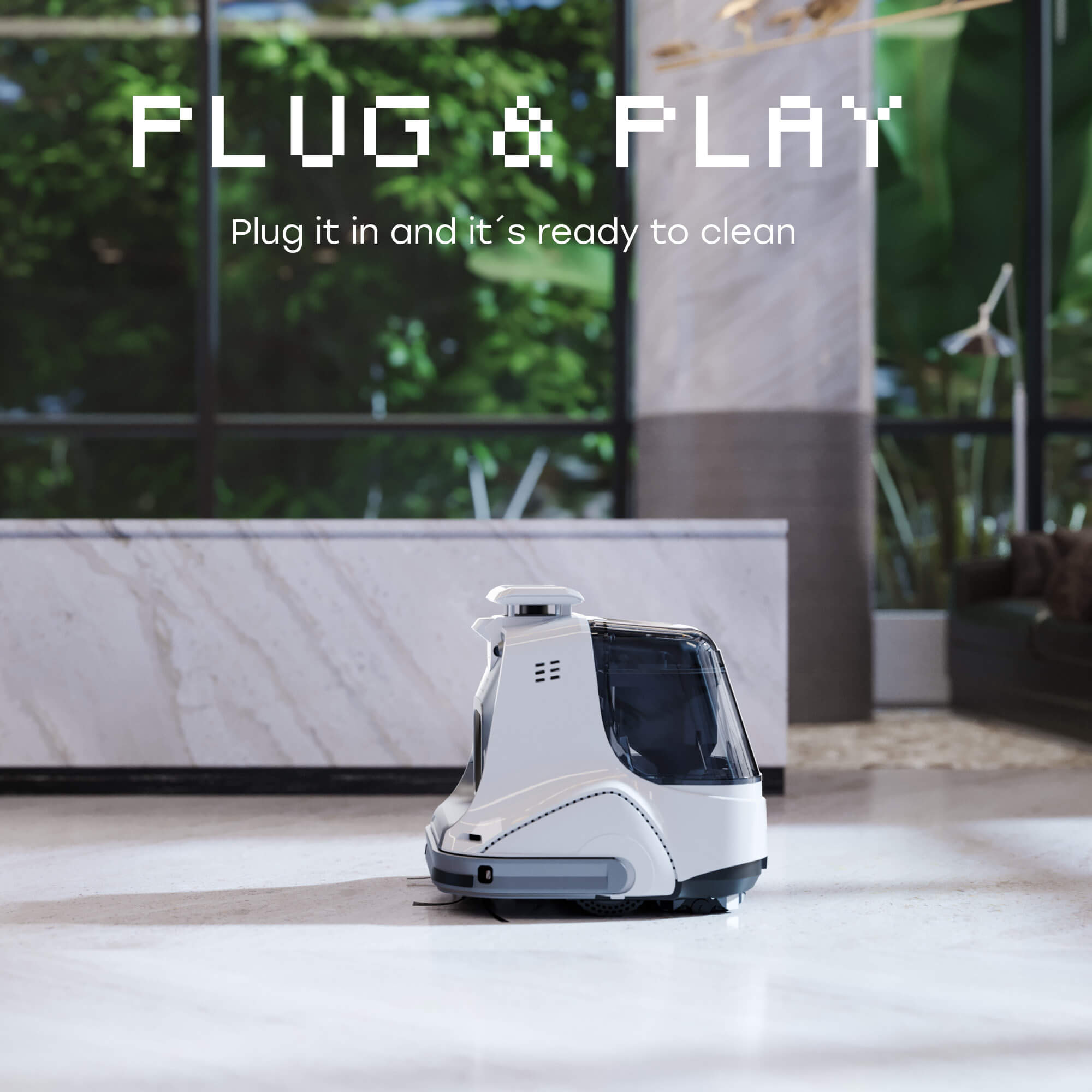 side profile of X1000 robot and "plug & play: Plug it in and it's ready to clean" text