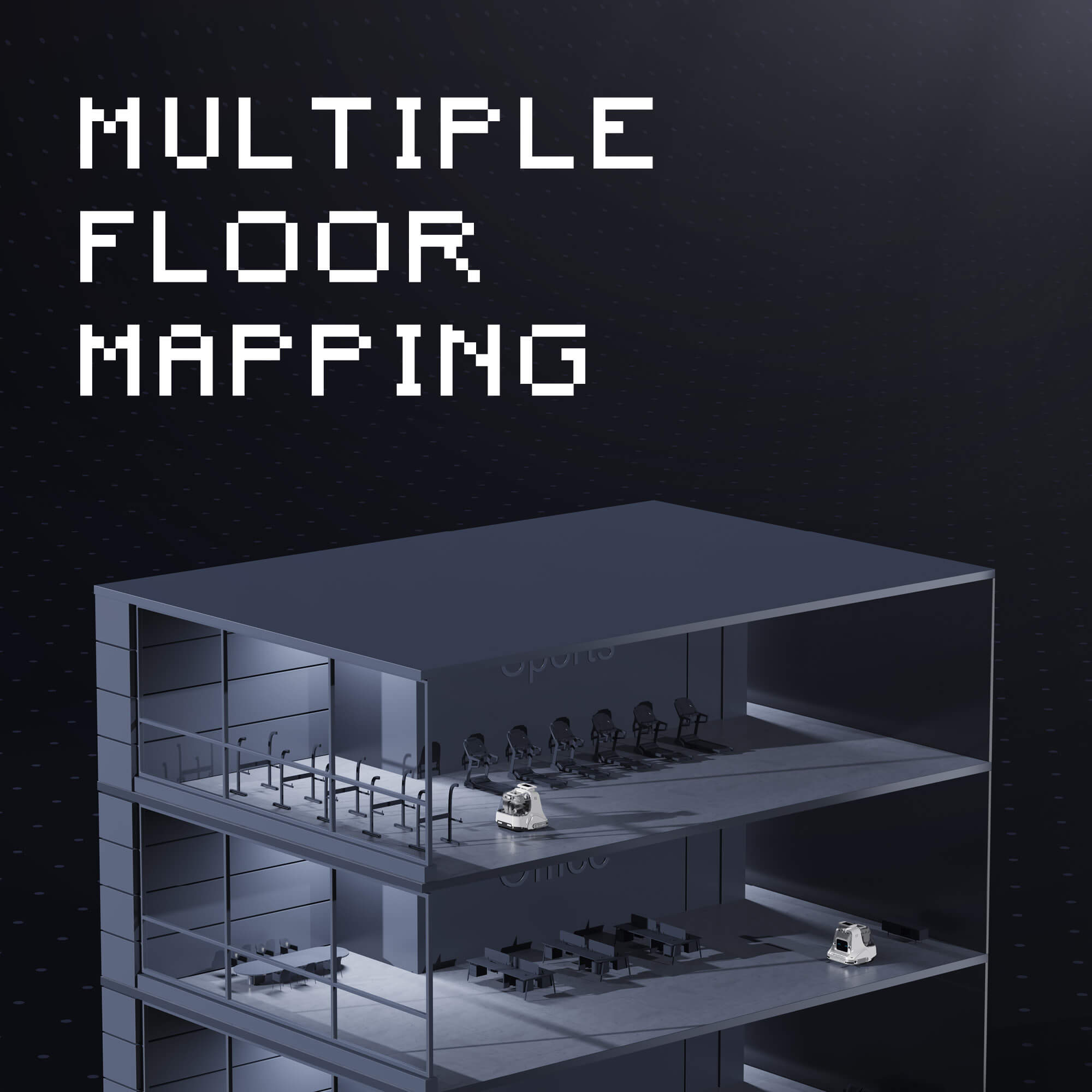 Interior view of high-rise building with robot on each floor and “multiple floor mapping” text