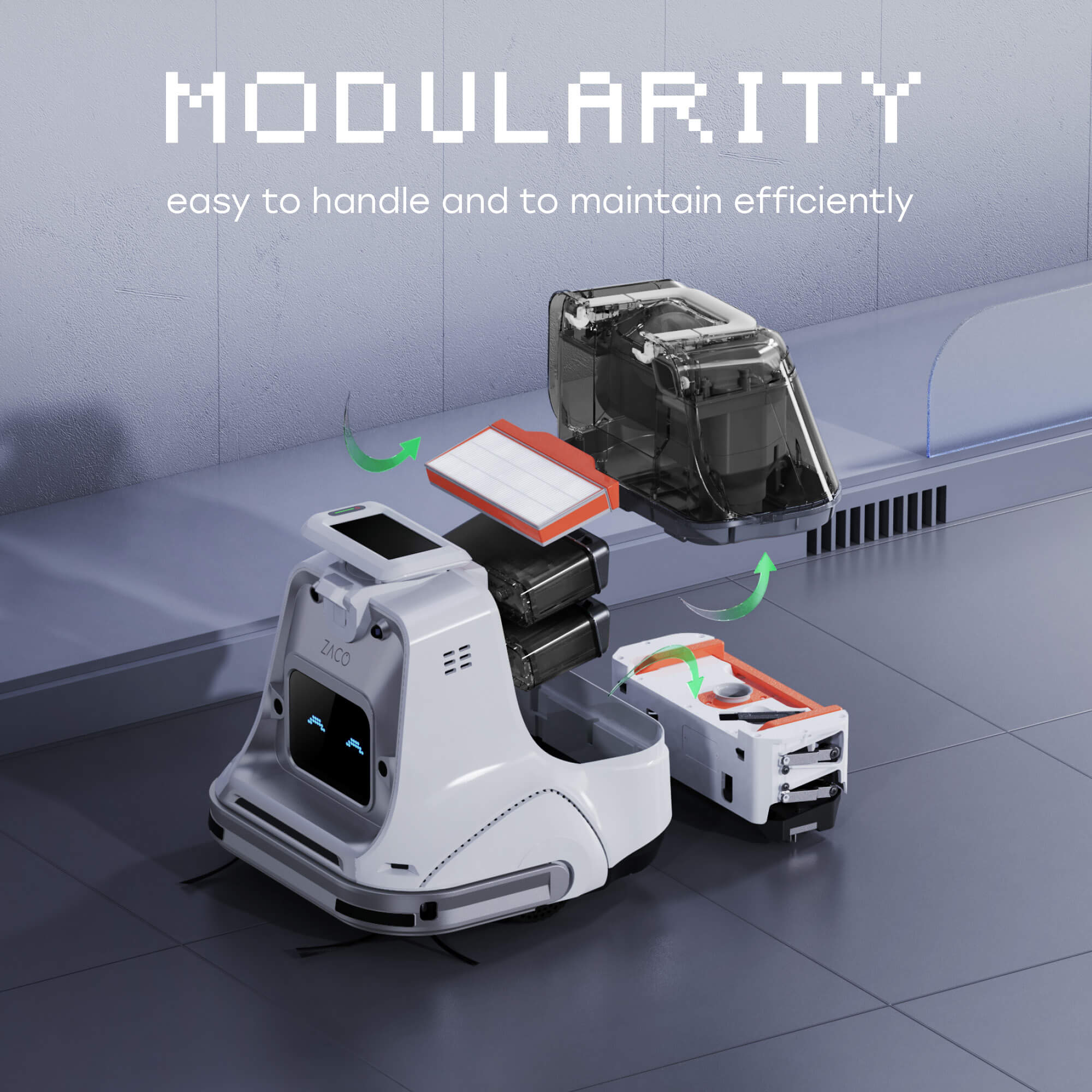 X1000 robot with individual parts removed and “modularity: easy to handle and to maintain efficiently” Text