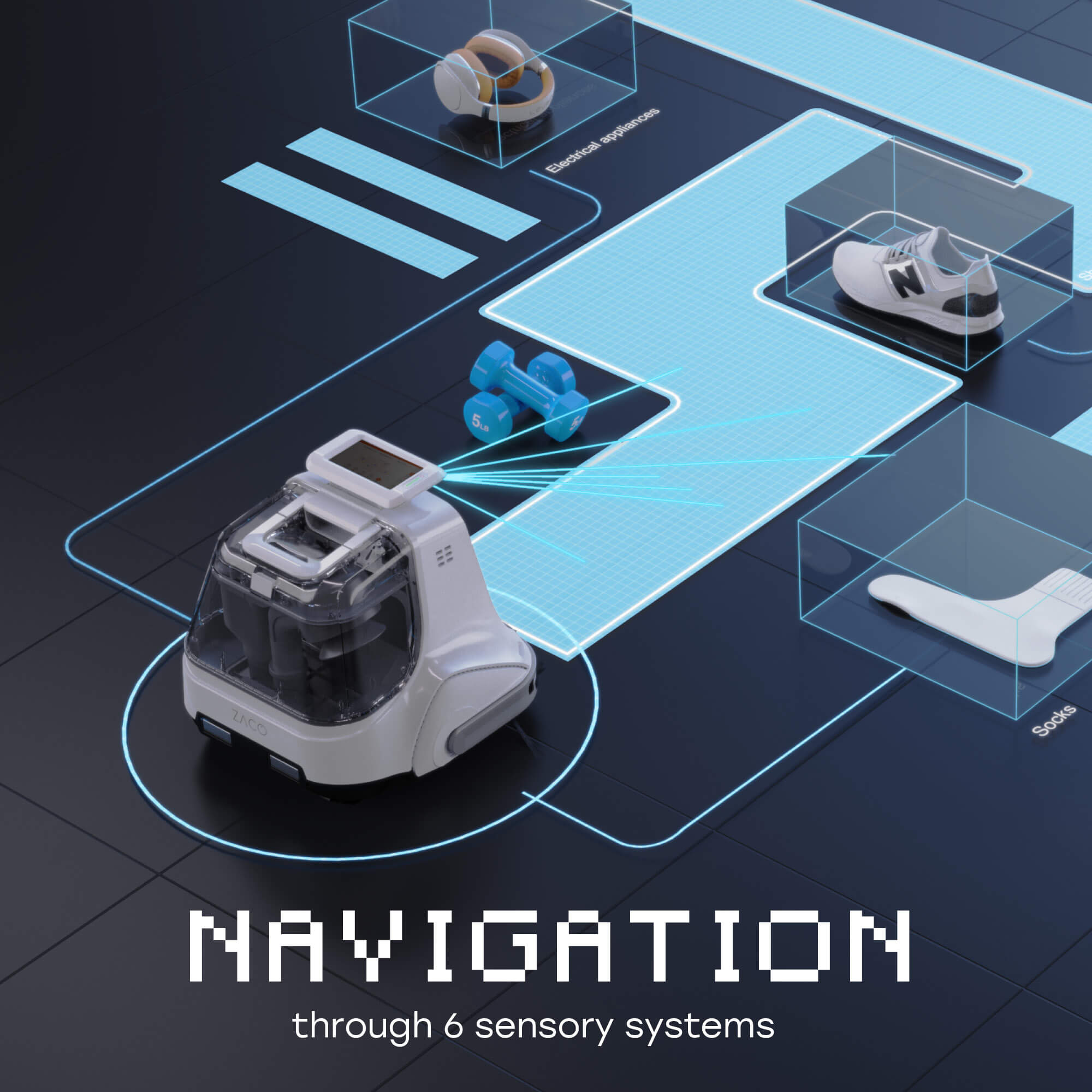 X1000 robot scans obstacles with “Navigation through 6 sensory systems” Text