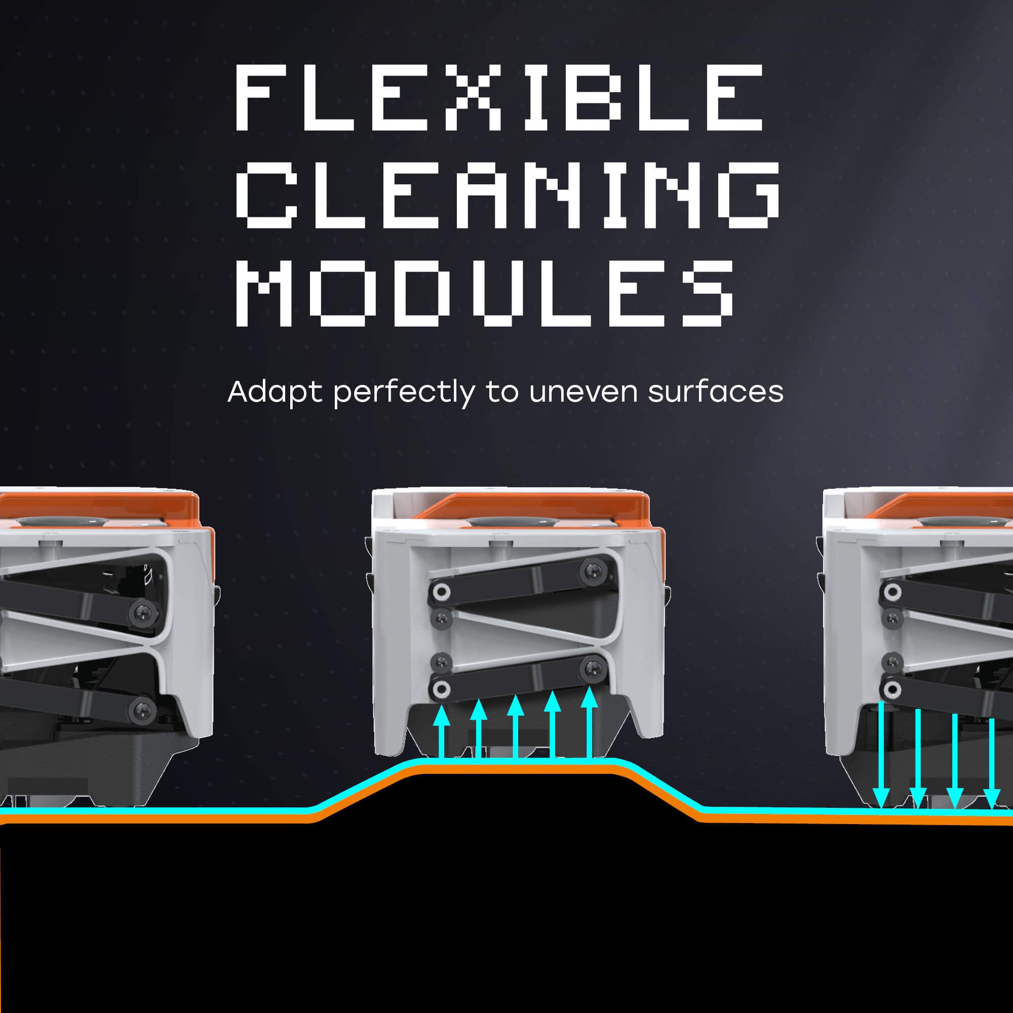 cleaning module on uneven floor with “flexible cleaning modules: Adapts perfectly to uneven surfaces” text
