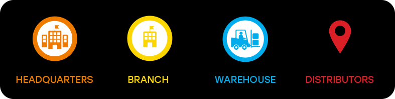 4 icons for headquarter, branch, warehouse and distributors