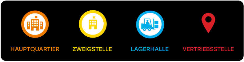 vier Icons für Hauptquartier, Zweigstelle, Lagerhalle und Vertriebsstelle