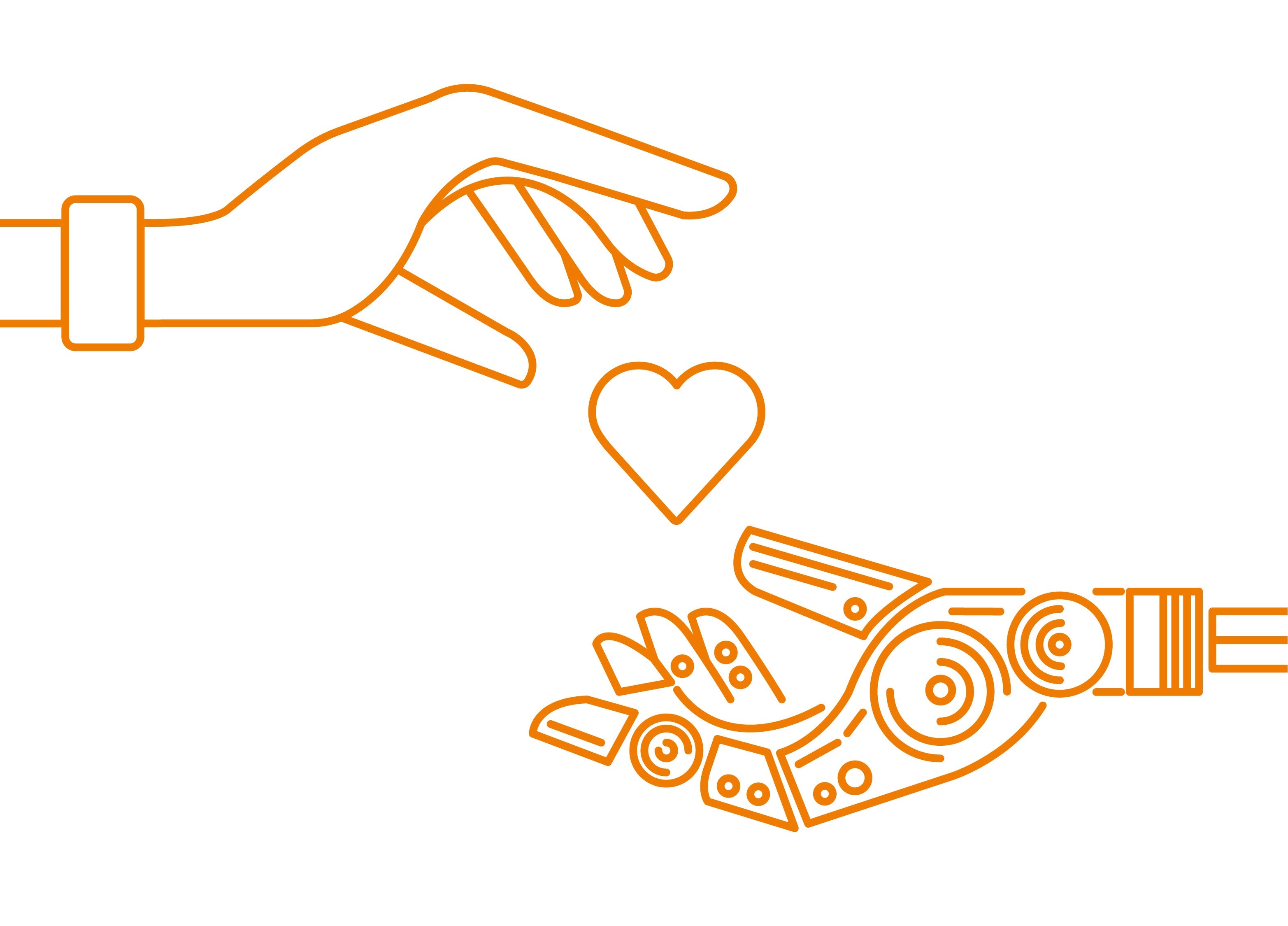 human and robotic hand reaching for heart