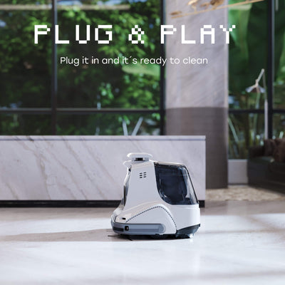 side profile of X1000 robot and "plug & play: Plug it in and it's ready to clean" text