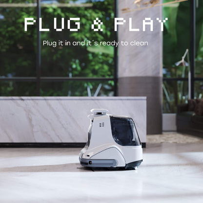 side profile of X1000 robot and "plug & play: Plug it in and it's ready to clean" text