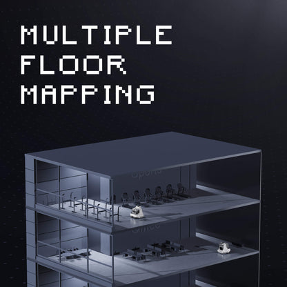 Interior view of high-rise building with robot on each floor and “multiple floor mapping” text