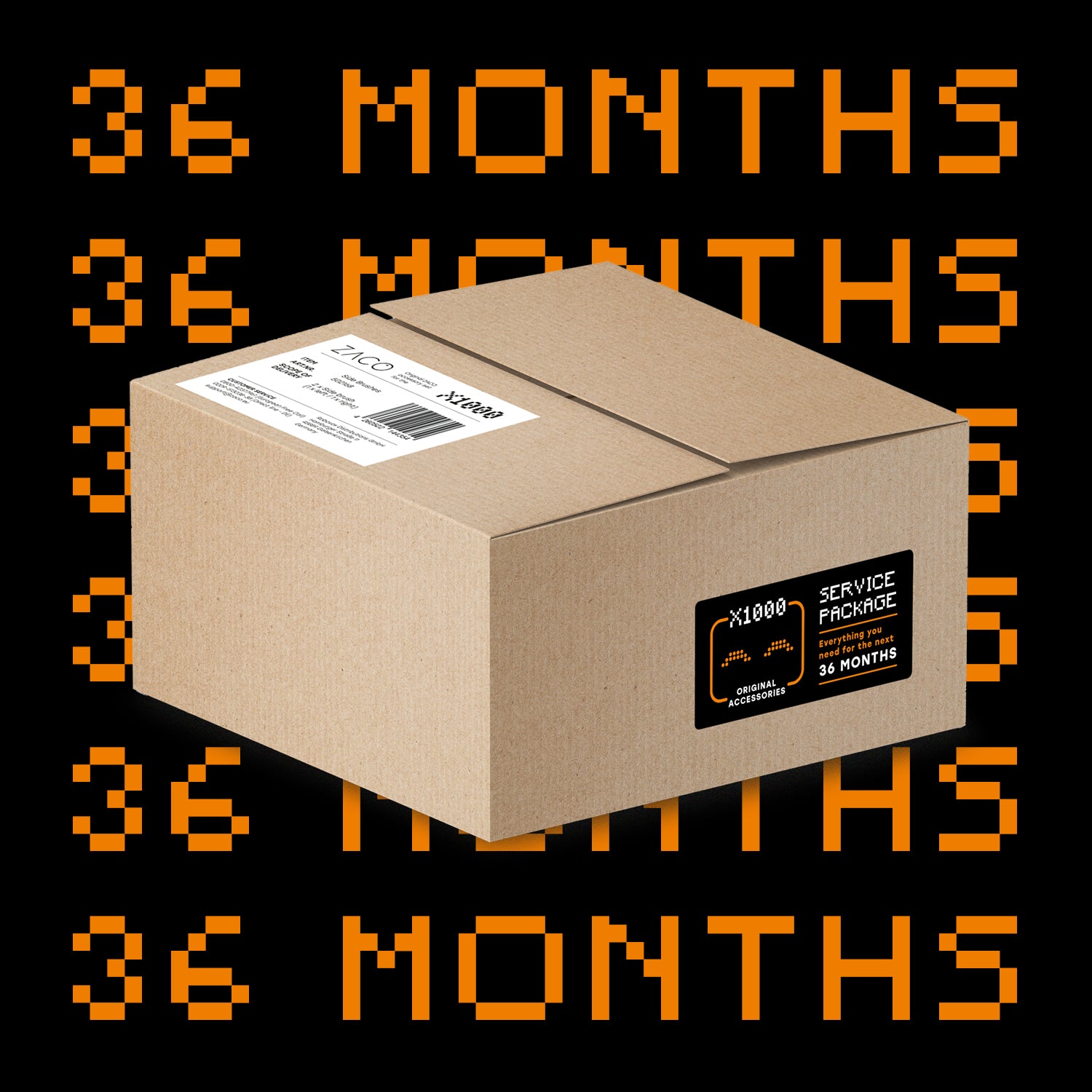 cardboard box on black background with "36 months" text