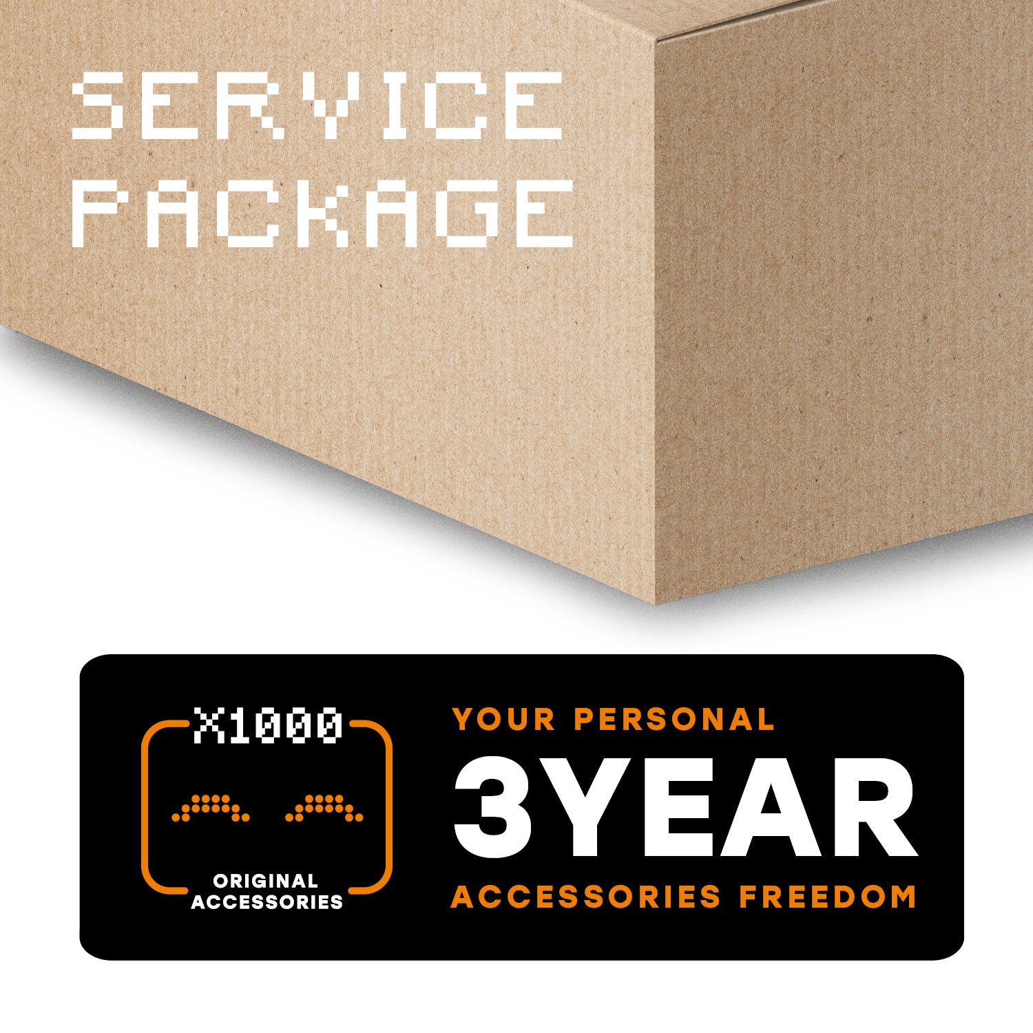 cardboard box with "service package" and "your professional 3 year accessories freedom" text